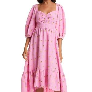 FARM RIO Embroidered Pineapples Puff Sleeve Midi Dress Pink Sz Large NWT
